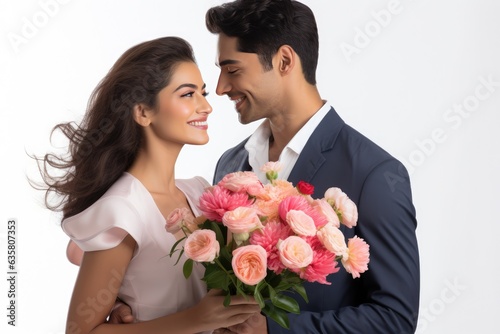 A happy couple holding a bouquet of flowers. A fictional character Created By Generated AI.