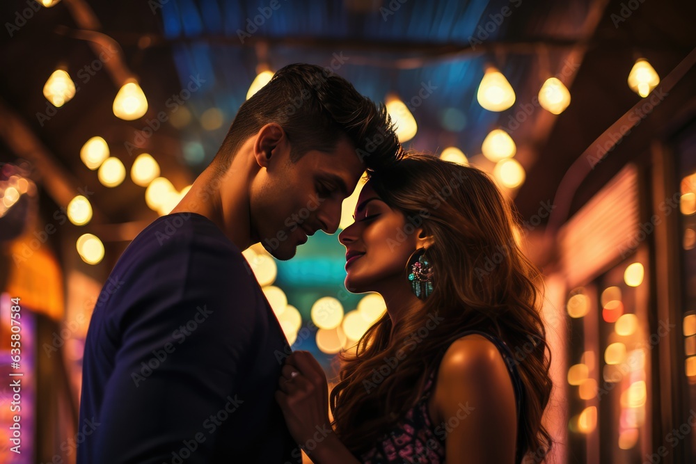 A man and woman in a dark room appearing to be very close, possibly kissing.. A fictional character Created By Generated AI.