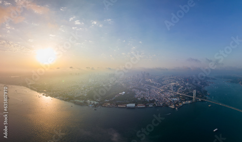Istanbul panorama photo, Turkey. Istanbul Canal, as well as Bosphoros canal. Sunset time. Cityscape in Background. Drone Point of View. © Mindaugas Dulinskas