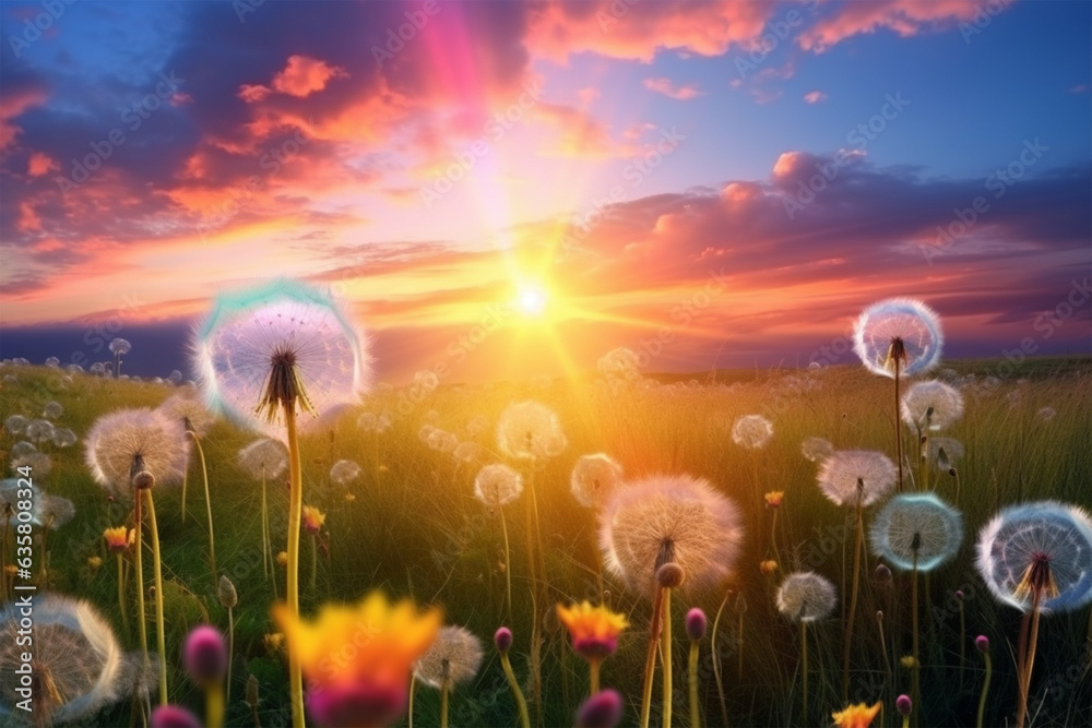 field of dandelion flower at sunset