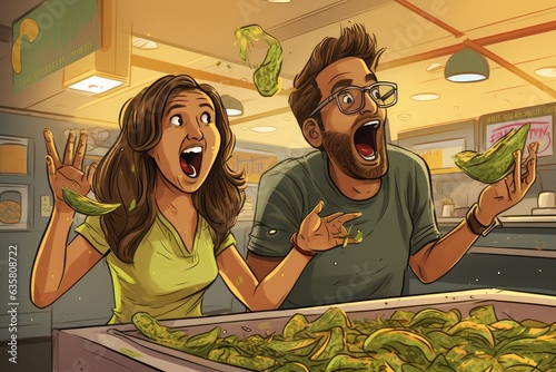 A couple caught in the middle of an unexpected food fight. A fictional character Created By Generated AI. photo