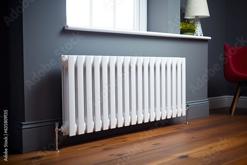 White metal radiator in a contemporary apartment with wooden flooring, heated.