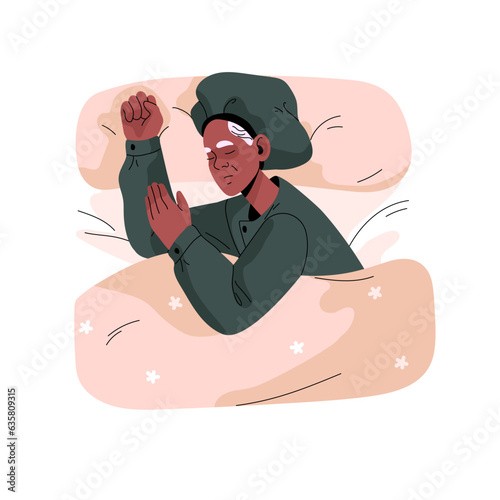 Old woman sleep in bed. Asleep granny relax in pajamas at night, gray people dream on pillow, sleeper senior lady lying under blanket, top view. Flat isolated vector illustration on white background