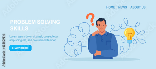 Confused man thinking about idea, finding solutions. Problem solving skill, creativity to solve difficult issue. Human thoughts process, strategic thinking to create and develop solution