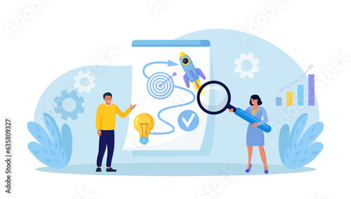 Business solution, strategy. Businessmen planning, testing startup ideas and analyzing marketing data. Success business idea, innovation or invention to reach goal. Entrepreneurs start new business