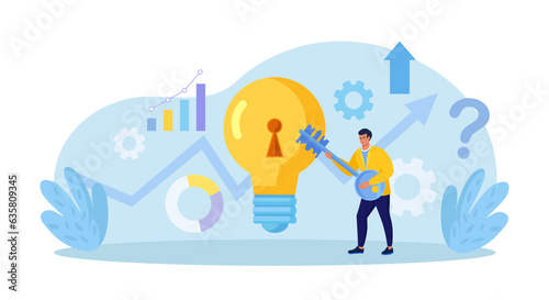 Businessman unlock new business idea. Character holding key to insert into keyhole on light bulb to reach target. Goal achievement concept. Invent new product or unlock creativity. Career opportunity