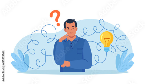Confused man thinking about idea, finding solutions. Problem solving skill, creativity to solve difficult issue. Human thoughts process, strategic thinking to create and develop solution
