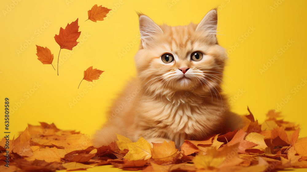 Cute red kitten in a pile of yellow leaves on an orange background. Empty space for product placement or promotional text.