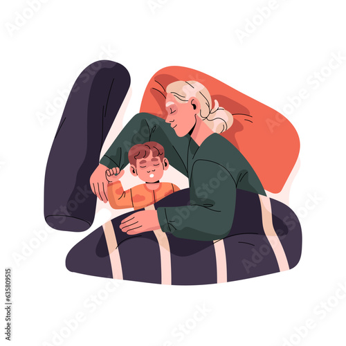 Relaxed family sleep, cuddle in bed. Happy mother hug baby, woman nap, sleepy mom smile and relax on pillow, boy lying, dream at night, top view. Flat isolated vector illustration on white background
