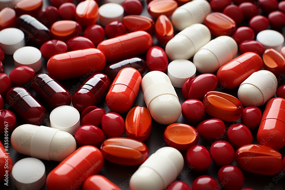 Diverse pills arrayed on red, allowing text Patterns and pill identification featured Generative AI