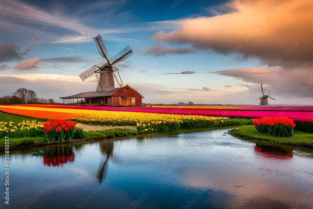 Fototapeta premium Windmill and beautiful flowers
