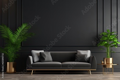 Black minimalist interior with contemporary sofa and decor. 3D illustration.