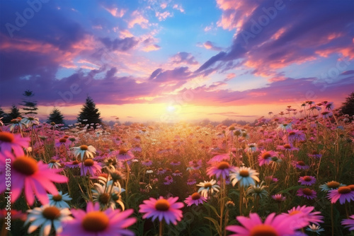 field of echinacea flower at sunset