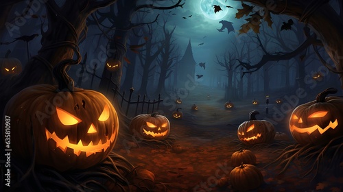 Pumpkins In Graveyard In The Spooky Night - Halloween Backdrop Generative AI