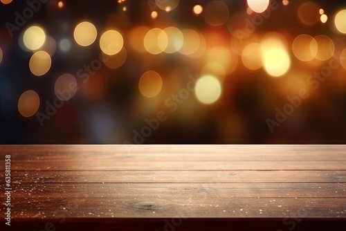 Blurred background reflection light in a pub or bar for product display, with space for items on the table.