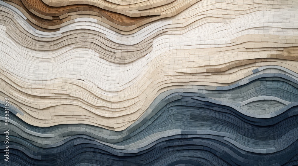 3D horizontal wavy texture background. Carved abstract realistic decoration textured waves on wood. AI 3d illustration. Trendy geometry wallpaper interior design. Structure art backdrop, macro.. 3D horizontal wavy texture background. Carved abstract realistic decoration textured waves on wood. AI 3d illustration. Trendy geometry wallpaper interior design. Structure art backdrop, macro..