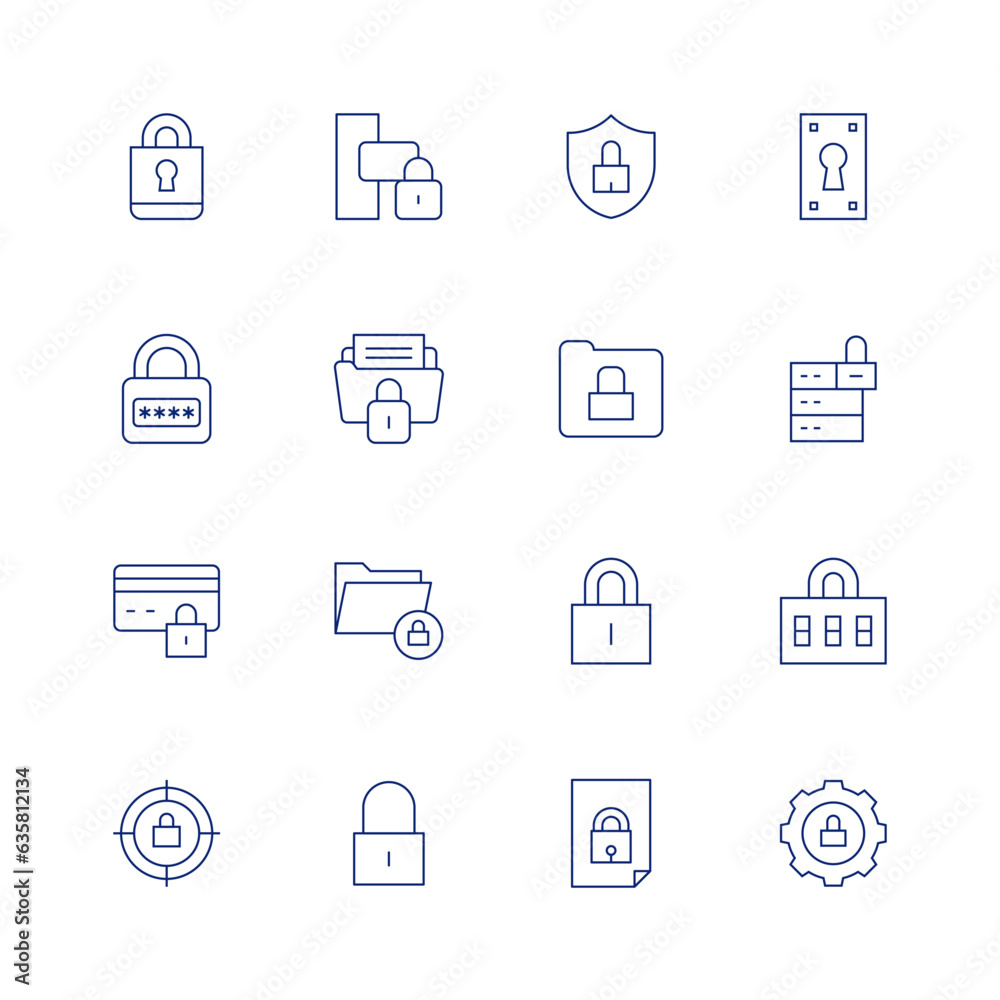 Lock line icon set on transparent background with editable stroke. Containing padlock, lock, cyber security, password, folder, secure payment, locked, target.