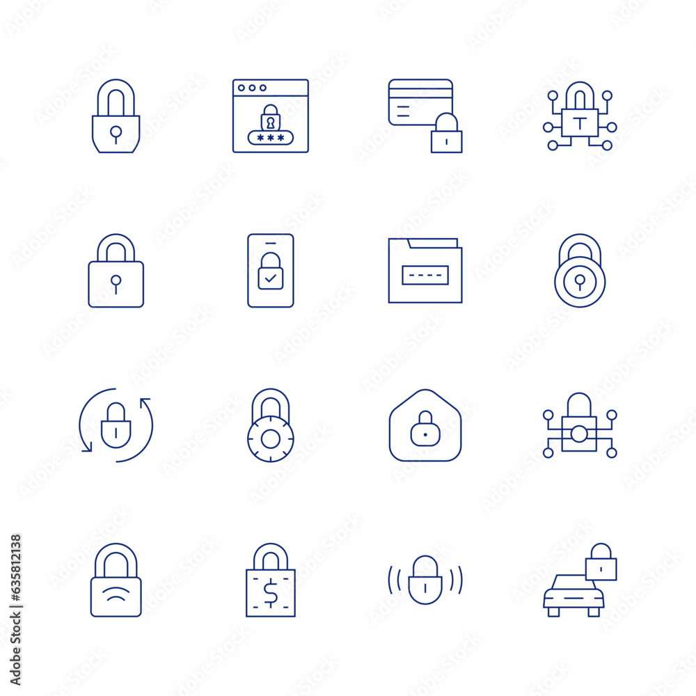 Lock line icon set on transparent background with editable stroke. Containing padlock, lock, credit card, folder, refresh, smart lock, money, locked.