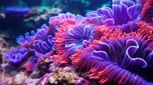 Sea anemones underwater Close-up. Vibrant sea anemone Fish. Colorful abstract natural texture, panoramic underwater background. Concept art, graphic resources, macro photography. AI illustration.. © Oksana Smyshliaeva