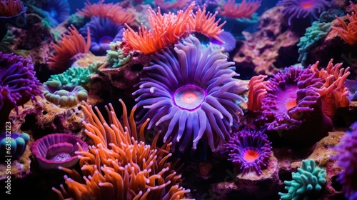 Sea anemones underwater Close-up. Vibrant sea anemone Fish. Colorful abstract natural texture  panoramic underwater background. Concept art  graphic resources  macro photography. AI illustration..