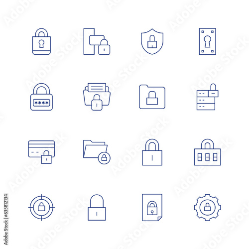 Lock line icon set on transparent background with editable stroke. Containing padlock, lock, cyber security, password, folder, secure payment, locked, target.