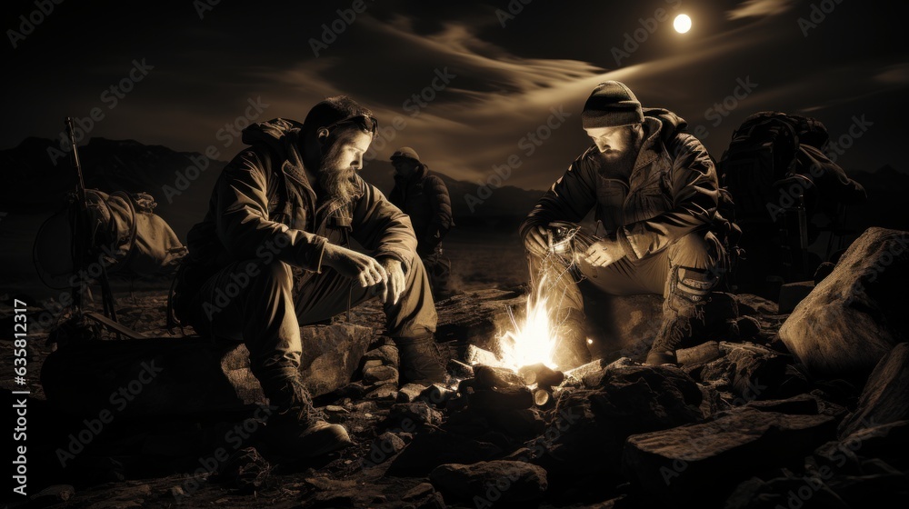 First moon landing campfire, historical black and white photography, First moon landing campfire, historical black and white photography,