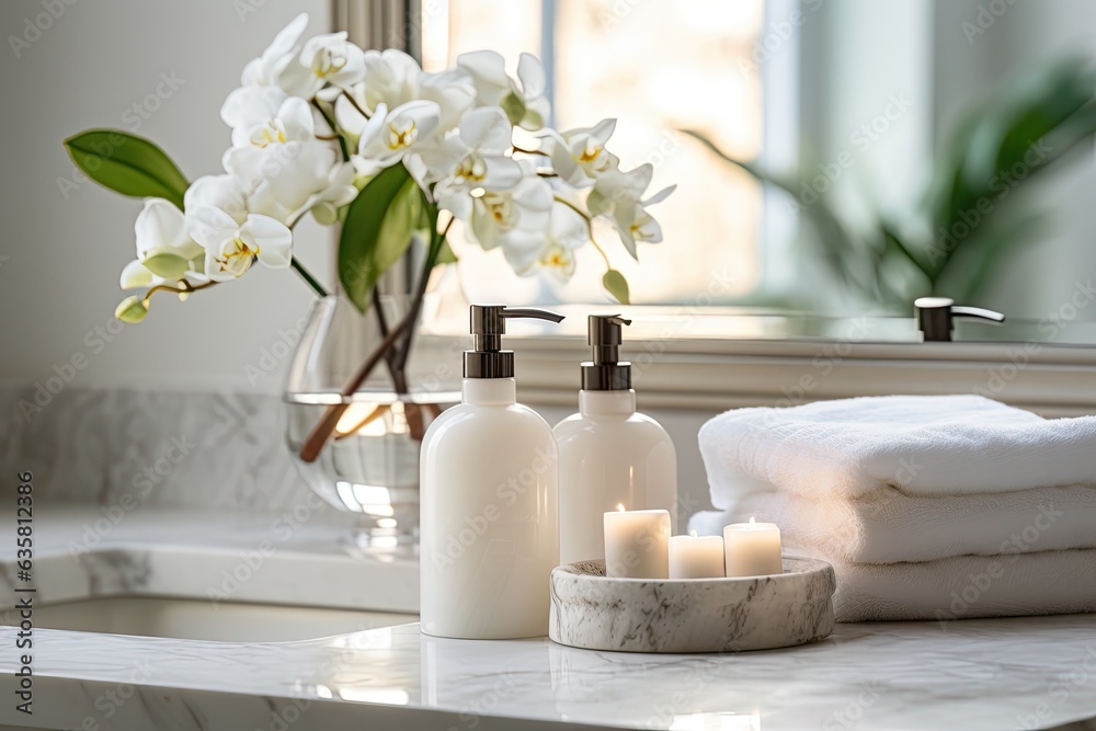 a white marble table with soap bottle, towels, and flower pot on it, against a blurry bathroom background. a white marble table with soap bottle, towels, and flower pot on it, against a blurry bathroom background.