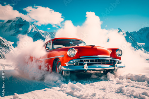 Retro red car drifting on snow in winter road in the mountains