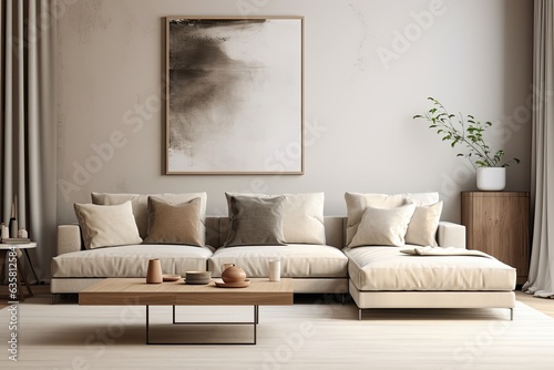Stylish, cozy living room interior with mock up poster frame, grey corner sofa, window, coffee table, and personal accessories. Beige neutral colors. Template.