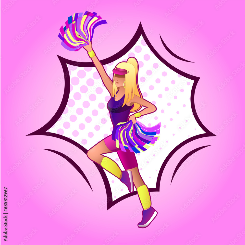 Cheerleader girl dancing on a colorful pink background. Sport, woman, cartoon style, pose, dance, isolated picture. Cheerleader girl dancing on a colorful pink background. Sport, woman, cartoon style, pose, dance, isolated picture.