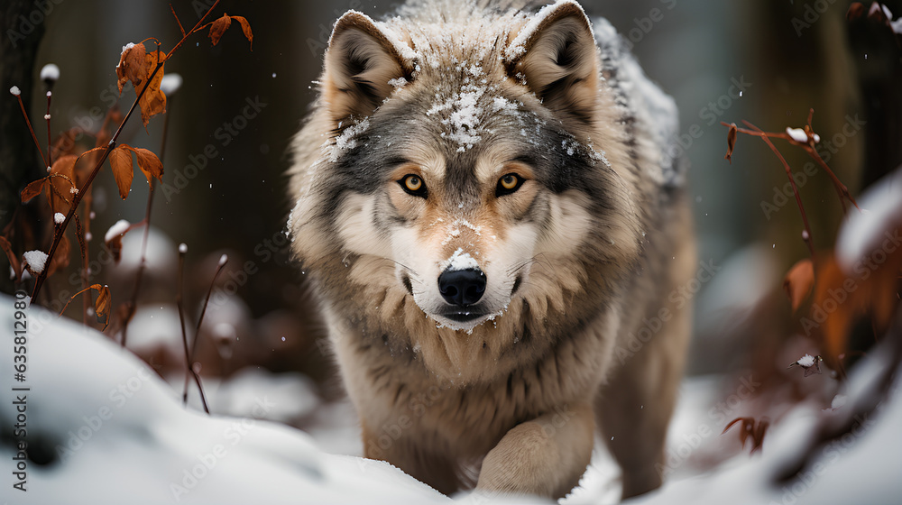 Beautiful gray wolf in the winter forest. Animal in nature.