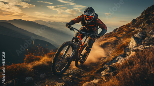 yclist Riding the Mountain Bike on the Rocky Trail. Extreme Sport Concept.