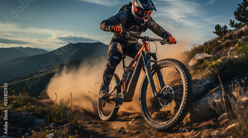 Professional Cyclist Riding the Mountain Bike on the Rocky Trail. Extreme Sport Concept. © D-Stock Photo