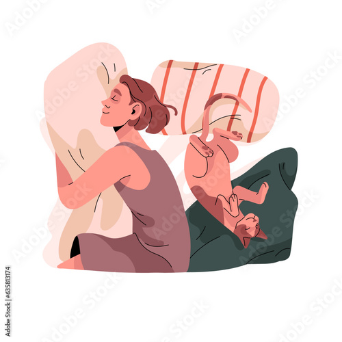 Happy woman sleeps with cat. Asleep person hug pillow, cute sphynx nap, people relax and lying in bed with kitten. Girl dream at night, top view. Flat isolated vector illustration on white background