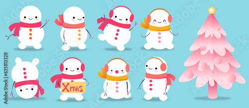 Cute Snowmen set pattern. Kawaii funny cartoon characters with different emotions and situations. Isolated vector illustration background 