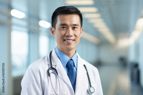 Portrait of a friendly young male doctor standing in a hospital wearing a doctor's uniform.