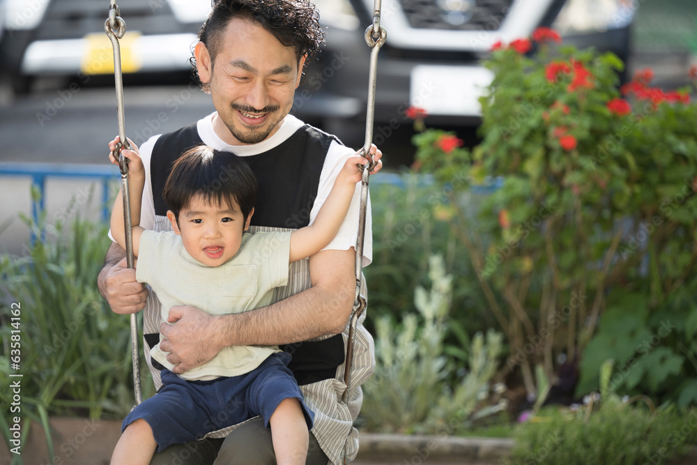 Parents and children playing in a park and a man in a childcare center Parents and children playing in a park and a man in a childcare center