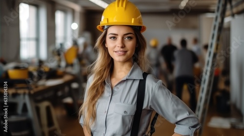 Engineer woman standing at construction site.