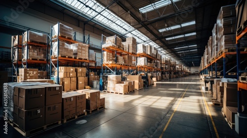 Logistics concept, A large warehouse with numerous items, Rows of shelves with boxes, Inventory control. © visoot