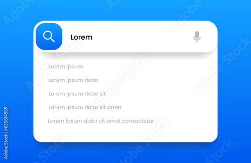 Search Bar with suggestions for UI UX design and web site. Search Address and navigation bar icon. Collection of search form templates for websites. Search engine web browser window template.