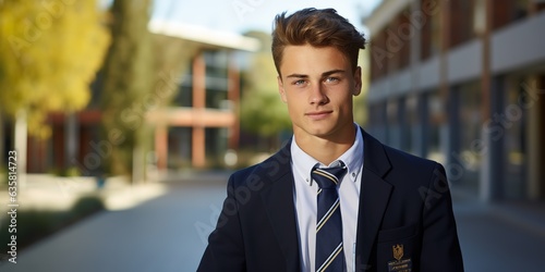 Portrait Of Male Teenage Student In Uniform Outside Buildings photo