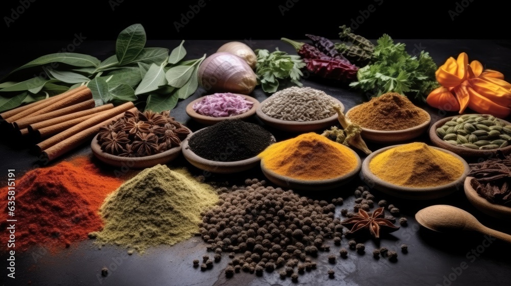 Fototapeta premium Spices for cooking, Gastronomic delight, spices and herbs arranged on table.