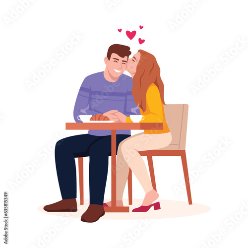 A couple in love sits in a cafe and drinks coffee with a croissant. Girl kissing a guy on the cheek