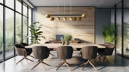 New conference room interior with long table and chairs, Concept of discussion and corporate life.