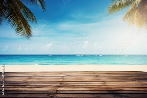 An empty wooden table on a beautiful blue background of a tropical beach.