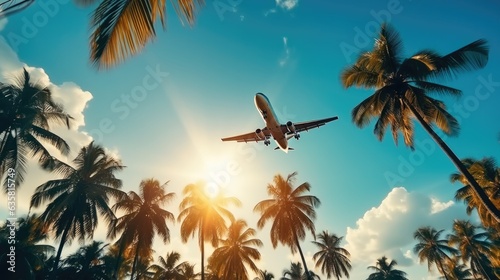 Low angle view, Airplane flying above palm trees with sun rays, Concept of traveling, Vacation and travel by air transport.