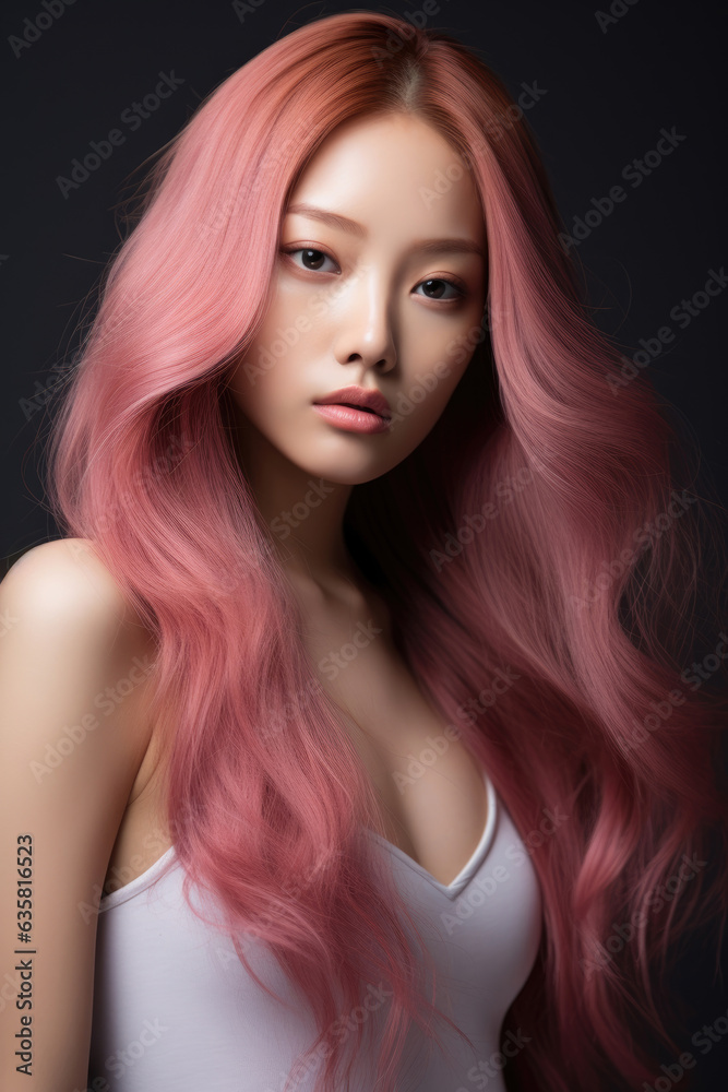 Portrait of an Asian woman with clean skin, with long pink hair in underwear Portrait of an Asian woman with clean skin, with long pink hair in underwear