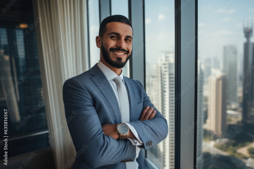 Young handsome Emirati business man in UAE traditional outfit standing on office with crossed arms. Arabic ambitious mature businessman. Young handsome Emirati business man in UAE traditional outfit standing on office with crossed arms. Arabic ambitious mature businessman.