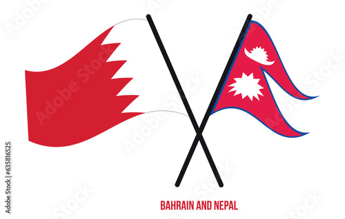 Bahrain and Nepal Flags Crossed And Waving Flat Style. Official Proportion. Correct Colors.