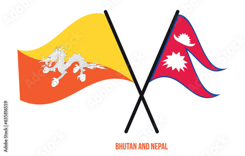 Bhutan and Nepal Flags Crossed And Waving Flat Style. Official Proportion. Correct Colors.
